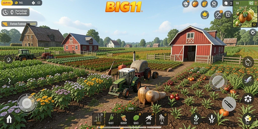 Tangkapan layar dari gameplay <strong>BIG11</strong> menunjukkan suasana pertanian yang hidup dan interaktif.