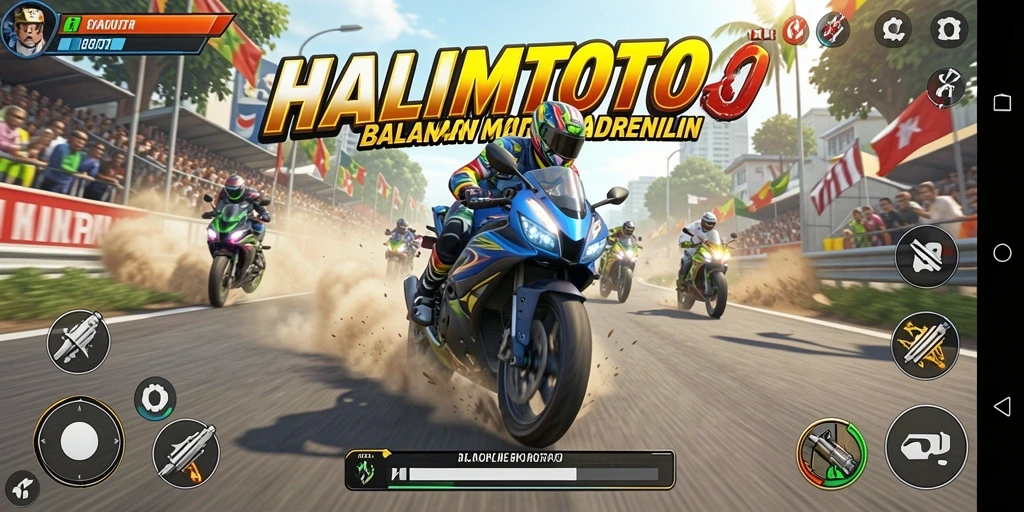 Tampilan gameplay mendebarkan di trek balapan motor.