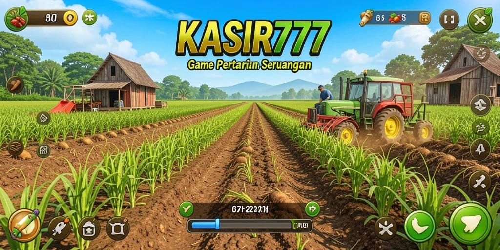Screenshot utama KASIR777 menampilkan gameplay bertani yang interaktif.